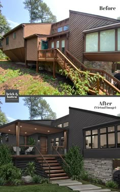 before and after photos of a house in the woods