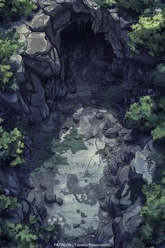 an aerial view of a small cave in the middle of some rocks and trees with water running through it