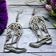 Classic Kickin Boots Silver Earrings Cowboy Boot Western Cowgirl Large Dangle Add A Western Flair To Any Outfit With These Fun Lightweight Cowboy Boot Earrings! Great Gift - Beautiful Unique Design That's Great For Teens And Adults. Brand New. Never Worn. New In Package. Nwt Nip Bnwt Perfect Condition. Giftable Item. Gift Idea. Great Birthday, Thinking Of You, Get Well Or Christmas Present Theme: Western, Cowgirl, Country Music Festival, Boho, Cottage, Vintage Vibes, Retro, Kawaii, Whimsy, Uniqu Vintage Vibes Retro, Cowboy Boot Earrings, Retro Kawaii, Boot Earrings, Crystal Cluster Earrings, Boots Silver, Country Music Festival, Cottage Vintage, Bottle Earrings