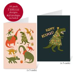 two greeting cards with dinosaurs on them and the words happy remass in red, green