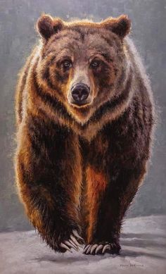 a painting of a brown bear standing on top of a cement ground in front of a gray background