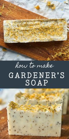 how to make gardener's soap on a wooden cutting board with text overlay