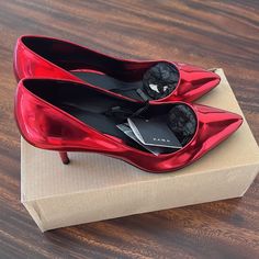 Brand New With Tags And In Box. Never Worn. Eur 37/Us 6.5 Red Court Shoes With Branded Heel For Parties, Zara Red Round Toe Heels, Red Zara Heels For Party, Zara Red Formal Heels, Chic Red Court Shoes For Parties, Mid Heel Shoes, Shoes Brand, Zara Shoes, Heels Shoes