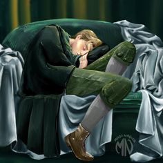 a painting of a woman sleeping on a green couch