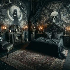 a gothic bedroom with skulls on the walls