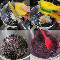 the process of making blueberry cheesecakes is shown in four different stages, including mixing and cooking