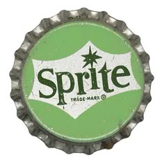 a bottle cap with the word sprite in green and white, on a white background