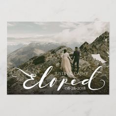 a couple holding hands while standing on top of a mountain with the words, just married