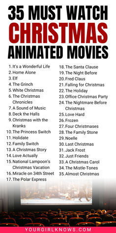 the 25 must watch christmas movies list for your home or office, with text overlaying it