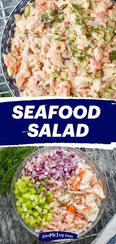 the seafood salad is ready to be eaten and put in the bowl for lunch or dinner