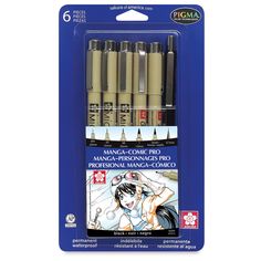 the package contains six markers and two pens, including one with an image of a woman