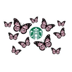 the starbucks logo is surrounded by pink butterflies