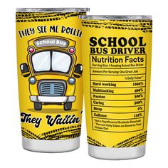 two yellow school bus drivers cups with their names on the front and back, one for each student