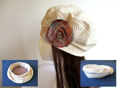 a woman's hat with flowers on it and two pictures of the same hat