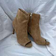 Never Worn. Faux Suede. Silver Zipper. Fall Suede Heels With Almond Toe, Suede Closed-toe Heels For Fall, Fall Open Toe Boots With Reinforced Heel, Medium Width Suede Heels For Fall, Elegant Open Toe Heeled Boots For Fall, Elegant Fall Open Toe Heeled Boots, Brown Suede-lined Heels For Spring, Fall Suede Boots With 4-inch Heel, Brown Suede Lined Heels For Spring