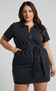 Nandini Mini Dress - Zip Through Denim Dress in Black Wash | Showpo USA Black Short Sleeve Denim Dress For Spring, Trendy Denim Dress For Date Night, Black Cotton Denim Dress For Night Out, Trendy Black Denim Dress With Pockets, Casual Cotton Denim Dress For Night Out, Casual Black Denim Dress With Pockets, Casual Black Denim Dress, Casual Black Denim Dress For Night Out, Casual Dark Wash Denim Dress For Night Out