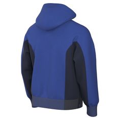 a blue and black jacket with hoodie on