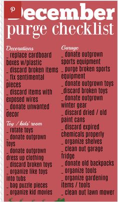 a red and white poster with the words december purse checklist written in black on it