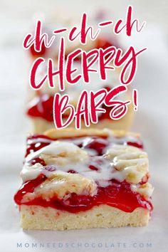 cherry cheesecake bars with white icing on top and the words, cherries cheery bars