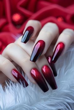 Baddy Nails, Vampy Nails, Red Chrome Nails, Black Ombre Nails, New Year Nails, Shiny Nails Designs, Black Nails With Glitter, Summer Nail Ideas