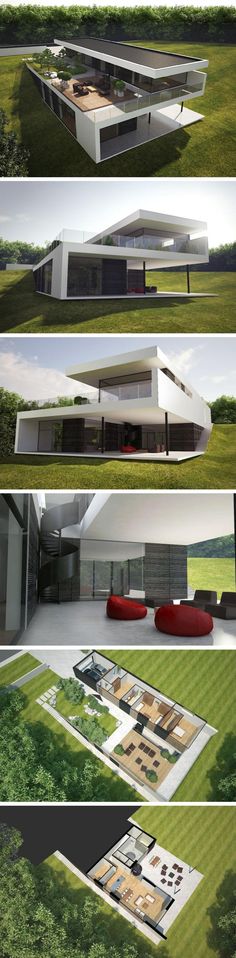 four different views of a modern house in the middle of some green grass and trees