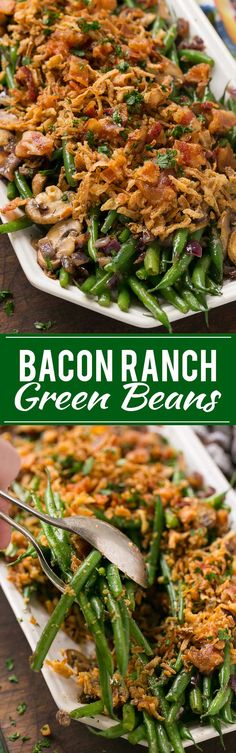 bacon ranch green beans on a white plate