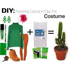 a woman's costume is shown with cactus, boots and other items in it