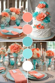 the table is decorated with orange and blue flowers