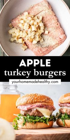 Apple turkey burgers on buns with cranberry aioli, kale slaw, and cheese. Fall Turkey Burgers, Apple Burger Recipe, Turkey Burgers With Cranberry Sauce, Homemade Turkey Burgers Patties, Apple Turkey Burgers, Frozen Turkey Burger Recipes, Ground Turkey Recipes For Dinner Kids, Southwest Turkey Burgers, Turkey Burger Recipes Ground