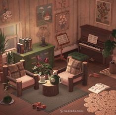 a living room filled with furniture next to a piano and potted plant on top of a rug