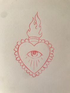 a drawing of a heart with an eye in the center and flames coming out of it