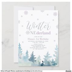 the winter wonderland birthday party card is shown with snowflakes and trees on it