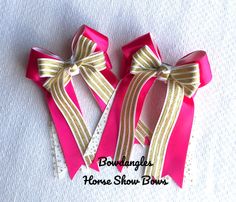 Equestrian hair bows for holiday horse shows, special occasion hair accessory.  Eye-catching bows. Shocking pink bows in luxurious taffeta with gold glitter underneath, topped with white and bright gold metallic stripes.  Gold glitter satin. Beautiful gift.  Gorgeous and sure to be noticed!  Leadline bows, short stirrup bows, bows for young riders and perfect equestrian gift for granddaughter.  Bows sold in matching pairs.  there are 2 bows in 1 set.  You will need 1 set of bows for 2 braids.  Your choice:  either elastic loops or French barrettes clip the bows to the girl's hair. Beautiful bows appropriate year round but especially suited for the holiday season. These bows are authentic Bowdangles Horse Show Bows designed and created by Elaine Moore. These gorgeous bows could be made as S Christmas Hairbow, Holiday Hair Bows, Fancy Bows, Special Occasion Hairstyles, Equestrian Gifts, Holiday Hairstyles, French Barrette, Bow Design, Christmas Bows