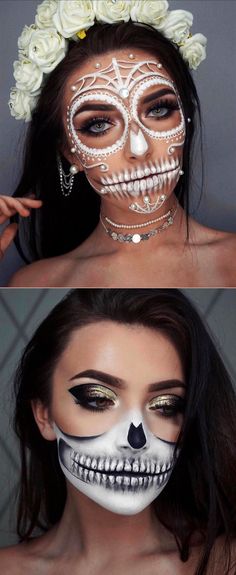 Half Face Skull Makeup, Scary Face Makeup, Creepy Halloween Makeup Ideas, Pumping Carving, Half Skull Makeup, Best Halloween Makeup, Grinch Halloween, Creative Halloween Makeup