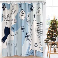 a shower curtain with christmas decorations and deers in the snow on it's side