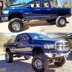 two pictures of the same blue truck in different stages of being lifted and off - road