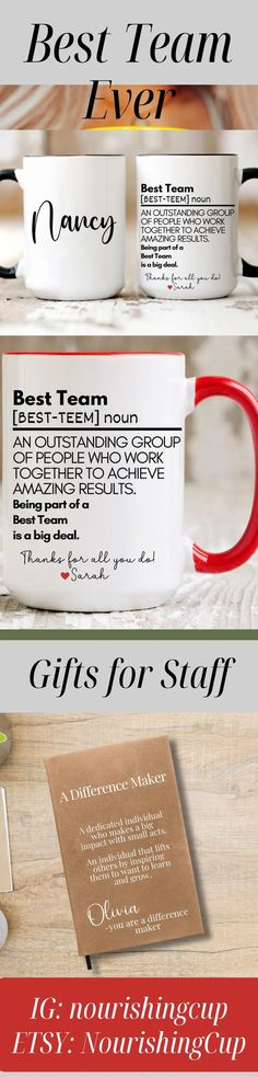 two coffee mugs with the words best team ever and gifts for staff on them