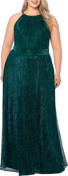 Betsy & Adam Metallic Crinkle A-Line Gown | Nordstrom Green A-line Maxi Dress For Gala, Pleated Green Evening Dress For Party, Green Pleated Evening Dress For Party, A Line Gown, Full Skirt, A Line, Sparkle, Nordstrom, Skirt