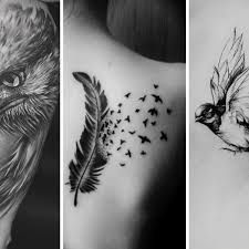 four different tattoos with birds and feathers on their back, one in black and white