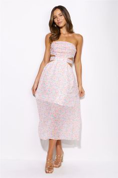 Spring Strapless Midi Dress With Tie Back, Strapless Pink Dress With Smocked Back, Spring Strapless Backless Dress With Tie Back, Spring Backless Strapless Dress With Tie Back, Spring Tie-back Backless Strapless Dress, Pink Bandeau Spring Dress, Pink Bandeau Summer Dress, Pink Bandeau Dress With Floral Print, Fitted Bandeau Dress With Tie Back