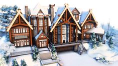 an image of a very big house in the snow with lots of trees around it