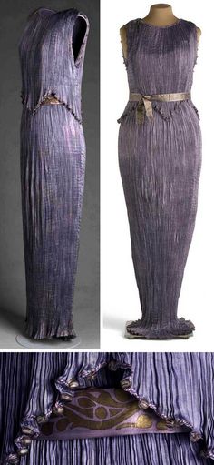 Delphos dress, Mariano Fortuny, 1909. Purple silk satin. Museo del Traje Delphos Dress, Madeleine Vionnet, 1900s Fashion