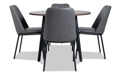 a dining table with four chairs and a round wooden table in grey leather upholstered