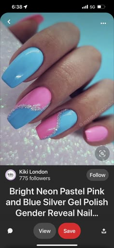 Blue And Pink Glitter Nails, Pink And Blue Nails Design Simple, Cute Gender Reveal Nail Ideas, Gender Reveal Gel Nails, Baby Pink And Baby Blue Nails, Pink N Blue Nails, Baby Reveal Nails Ideas, Baby Blue And Baby Pink Nails, Pink And Aqua Nails