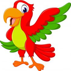 cartoon red parrot with green wings and yellow beak standing on its hind legs, smiling