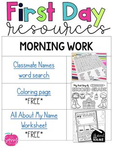 the first day resources for morning work is shown in this printable worksheet