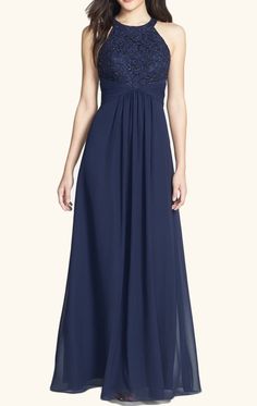 MACloth Halter Lace Chiffon Long Bridesmaid Dress Dark Navy Prom Formal Gown Prom Dress Dark, Navy Formal Dress, Dark Navy Bridesmaid Dresses, Shrug For Dresses, Lace Chiffon, Long Bridesmaid Dress, Prom Formal, Lace Evening Dresses, Chiffon Gown