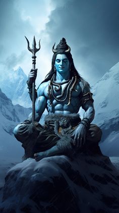 the god sitting on top of a mountain holding a staff