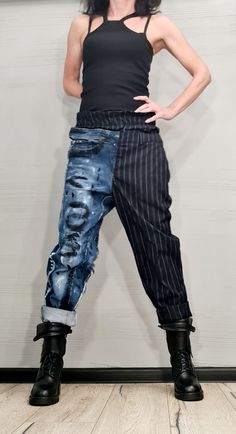 "Extravagant Denim Pants, Asymmetric Denim Harem Pants, Painted Streetwear Pants, Deconstructed Denim, Women Denim Harem ❤️ Extravagant designs and high quality fabrics! ❤️ Materials & Care Denim, Cotton, Textile Hand wash at low temperatures. Do not machine dry. Do not iron. Do not dry clean! ❤️ Sizing We can make your piece from XS to 5XL! Everything in the shop can be also made according to your measures free of charge! ❤️ Shipping ✈ Ready to ship The time I need to prepare an order for s Deconstructed Denim, Reconstructed Clothing, Denim Style Casual, Moda Denim, Streetwear Pants, Denim Ideas, Mode Jeans, Upcycle Jeans, Fun Pants