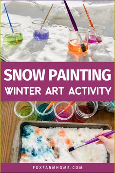 snow painting winter art activity for kids with text overlay that reads, snow painting winter art activity